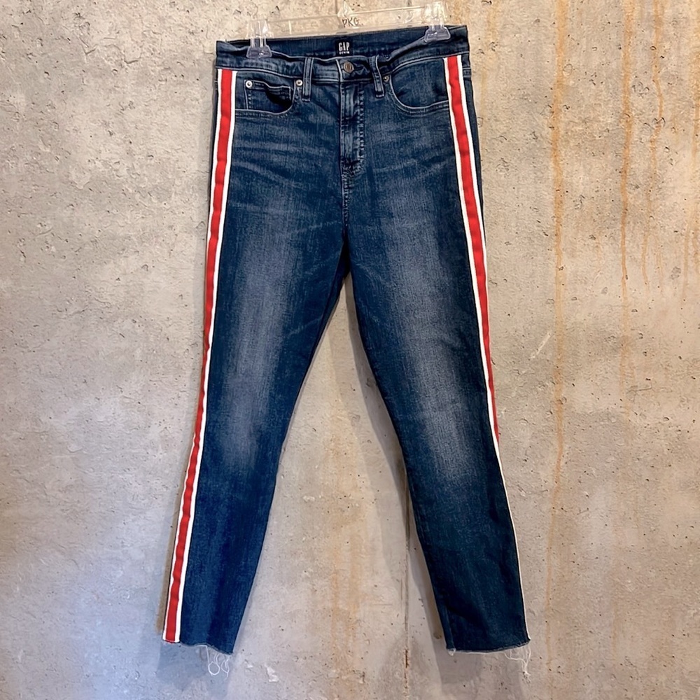 GAP Dark Wash Women’s Jeans with Red & White Side Stripes